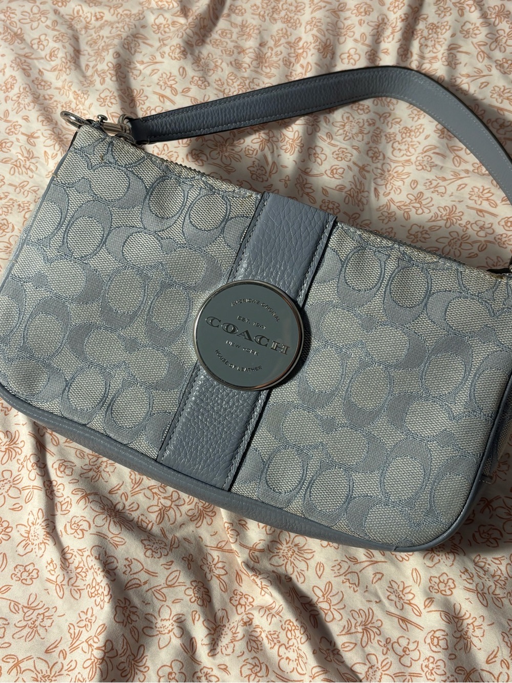 Coach Blue Signature Canvas Shoulder Bag with Leather Trim